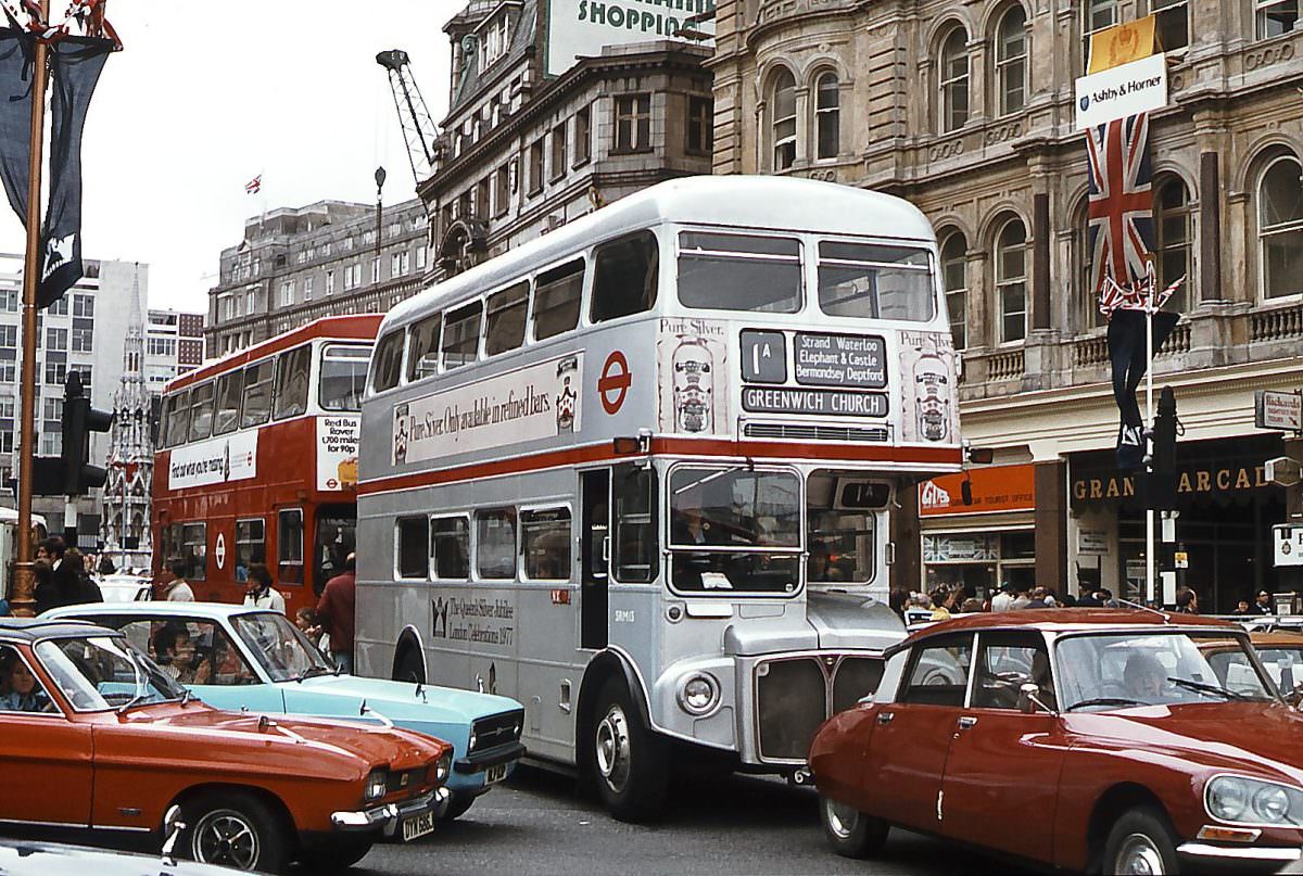 Bus on the Strand making its way towards Trafalgar Square on 6th June 1977