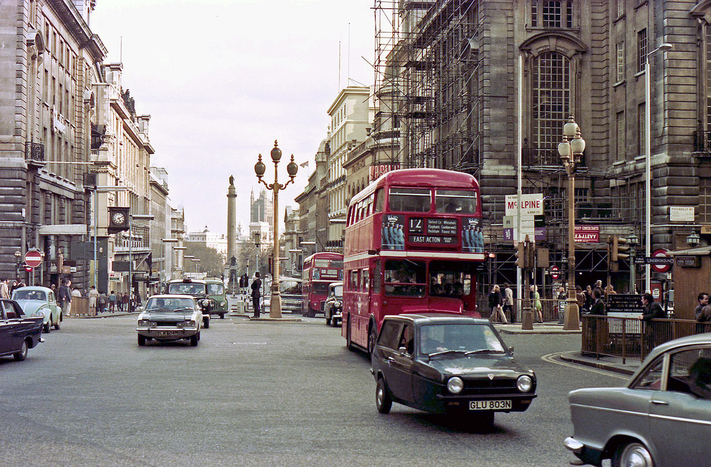 Junction of Regent Street and Piccadilly Circus on 19th April 1975
