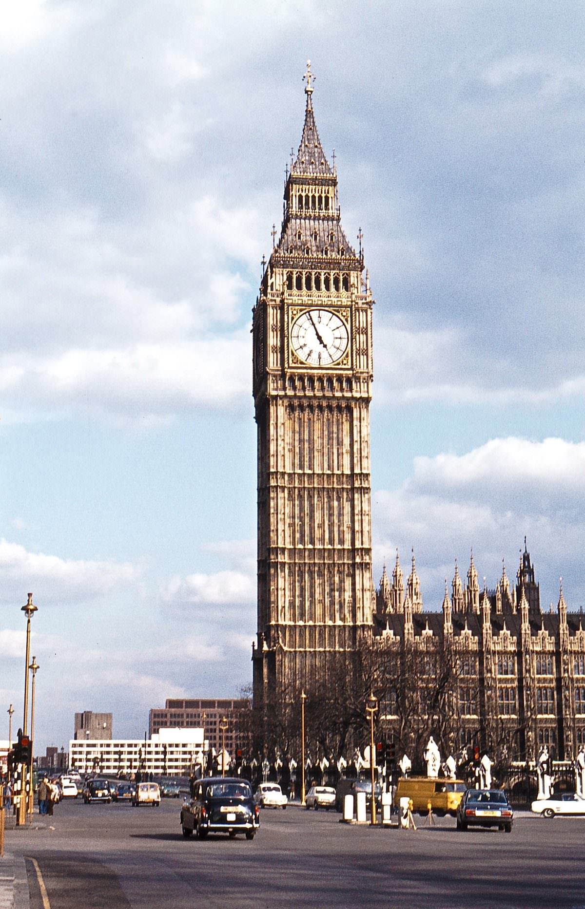 Big Ben from Parliament Square on 3rd April 1976 in August in the same year it broke down and was out of service for nine months.