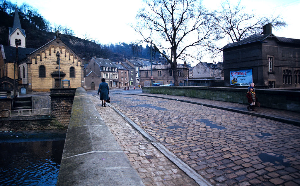 The Bridge over the Alzette in Luxembourg-Pfaffenthal pointing to the Saint Matthew Church, Luxembourg City, Jan. 1972