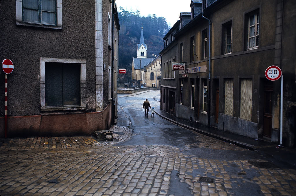 Strolling down Rue du Pont in the Old Quarter of Pfaffenthal, Luxembourg City, Jan 1972