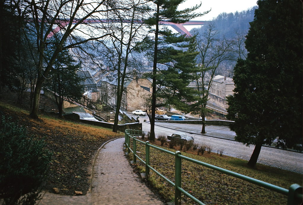 The Old Quarters and the Grand Duchess Charlotte Bridge, Luxembourg City, Jan 1972.