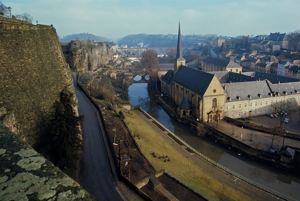 The Citadel (at top of road) was once part of Fortress Luxembourg dating back to 936 A.D. Luxembourg City, Jan 1972