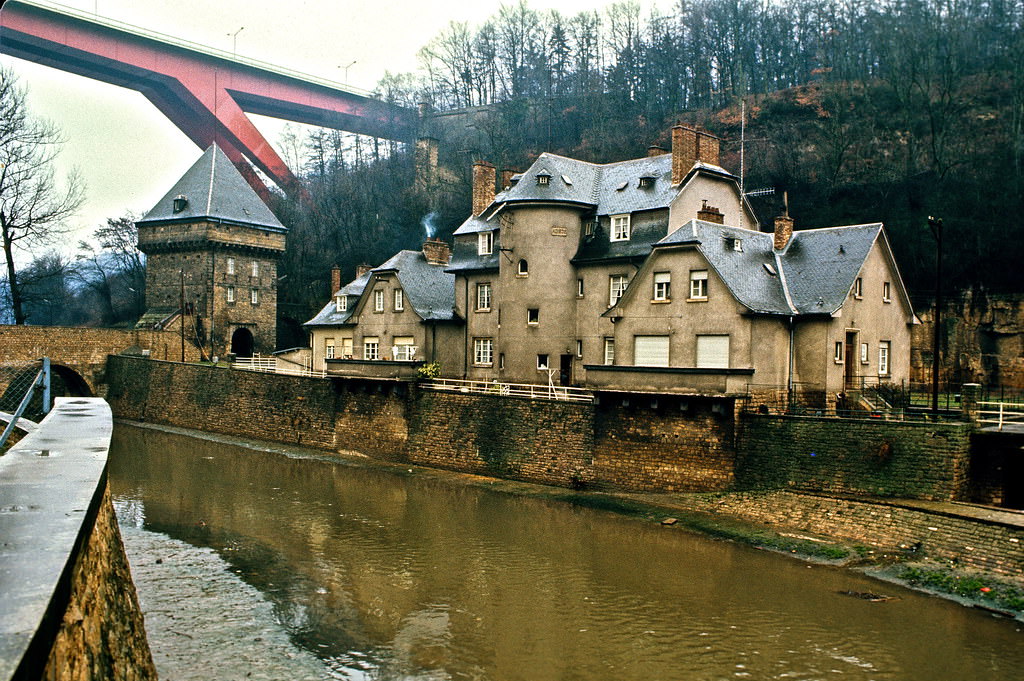 View from the Rue du Pont bridge, The Old Quarter of Pfaffenthal, Luxembourg City, Jan. 1972
