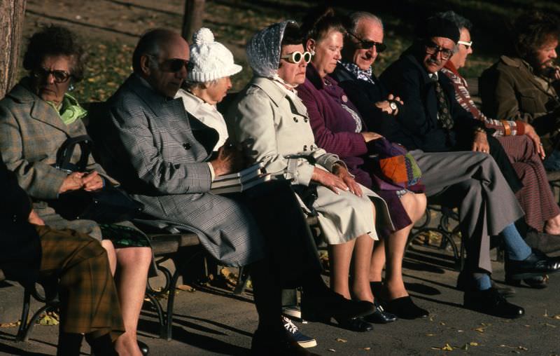 Old people in Central Park enjoying the sun, Manhattan, 1978