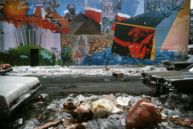 Snowy street and paintings, Manhattan, 1978