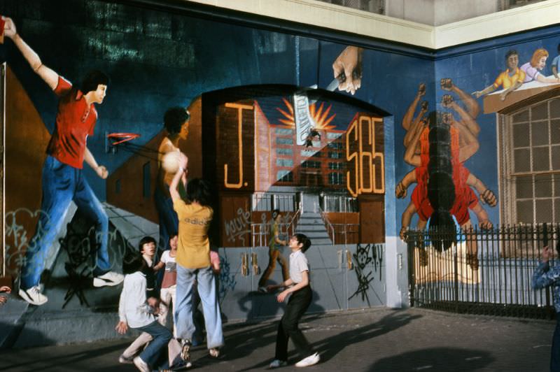 Boys playing basketball, Manhattan, 1978