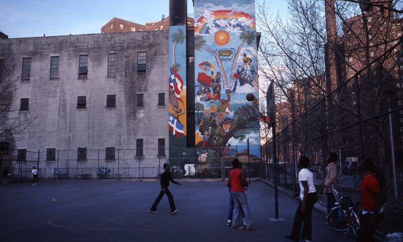 Boys playing basketball, Manhattan, 1978