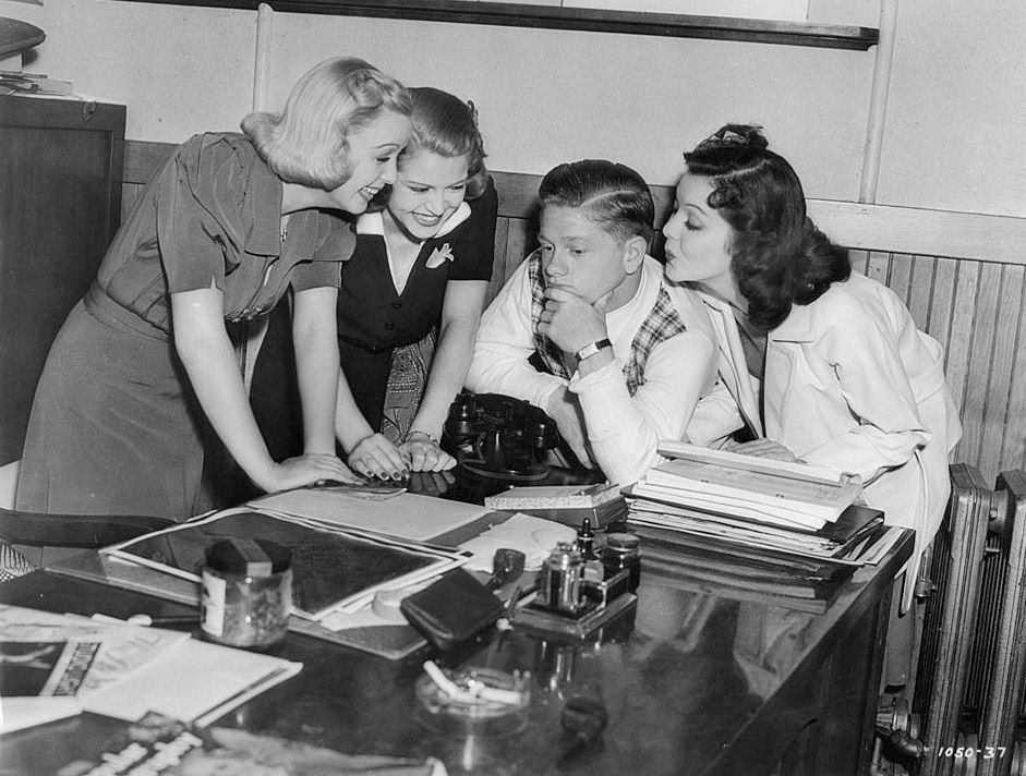 Mickey Rooney with Lana Turner, Cecilia Parker, and Ann Rutherford in the movie 'Love Finds Andy Hardy', 1938.