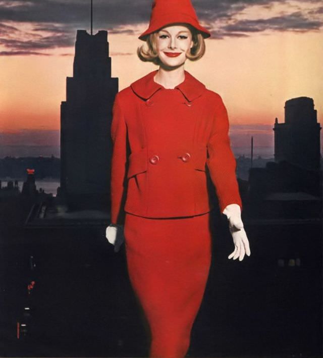 Monique Chevalier in bright red ribbed wool suit by Dick Dumas for P.R.I. Designs, 1958