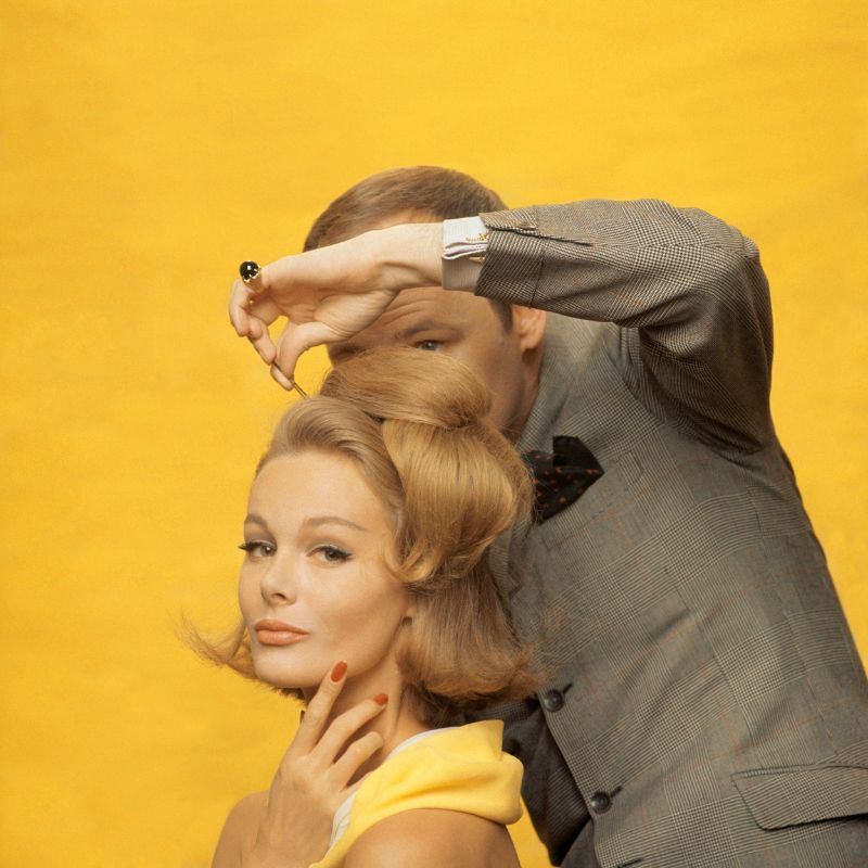 Monique Chevalier getting her hair done by Kenneth of Lilly Dache. New York, July 1962