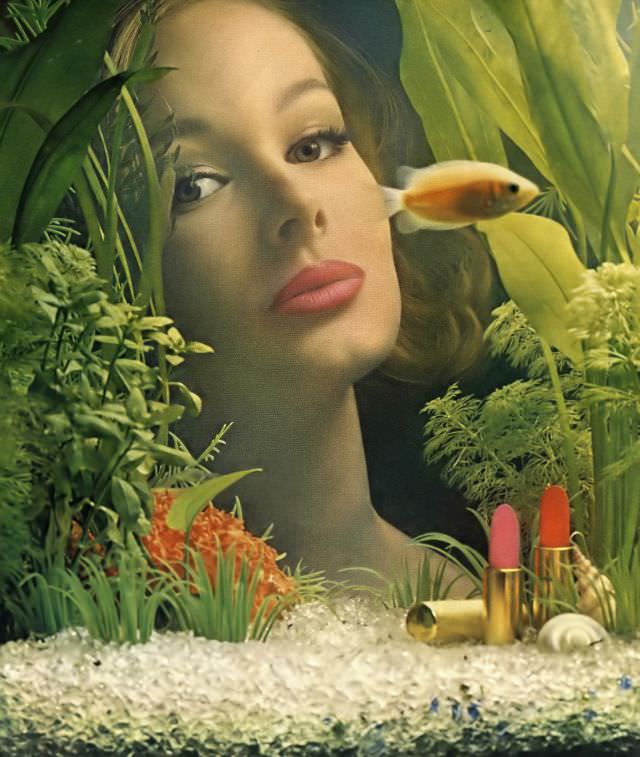 Monique Chevalier, Underwater colors by Dorothy Gray ad, Vogue, April 1, 1962