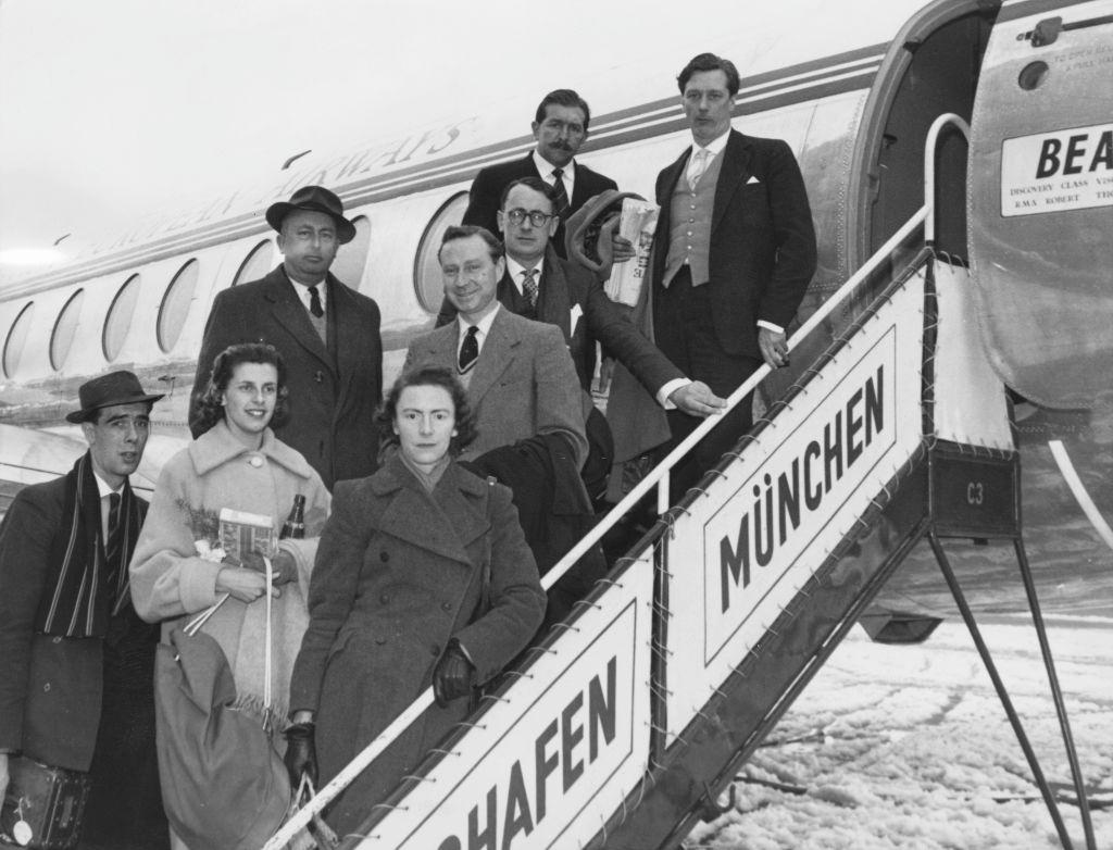 Survivors of the Munich air disaster leave Munich for London, 8th February 1958.