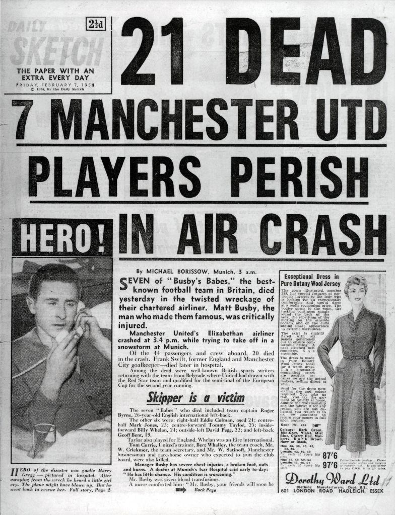 The front page of the Daily Sketch reporting the Munich air crash. 7th February 1958.