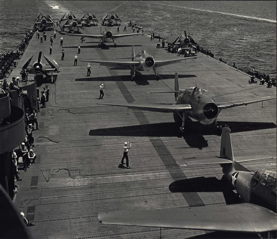 Aircraft’s preparing for take off from U.S.S. Yorktown, 1943.