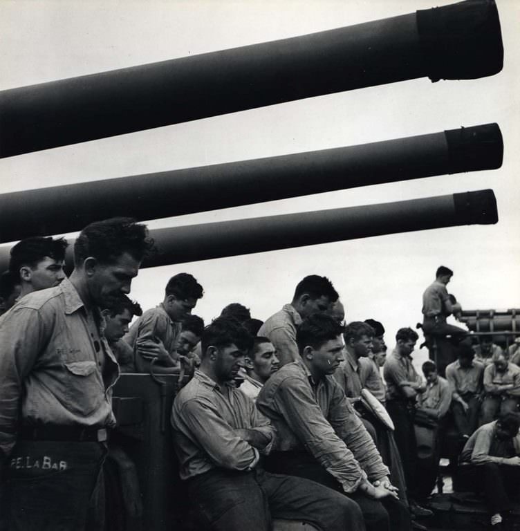 Sailors Aboard U.S.S. Yorktown with Naval Artillery Above, 1943.