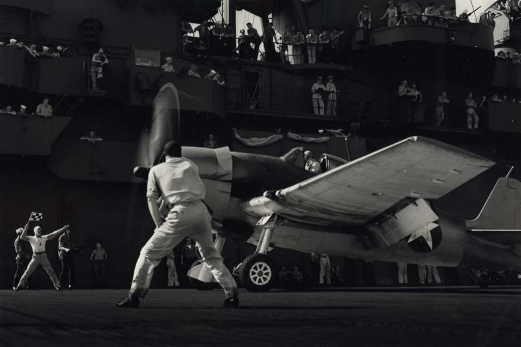 Sailors Watch as Aircraft Takes Off, 1943.