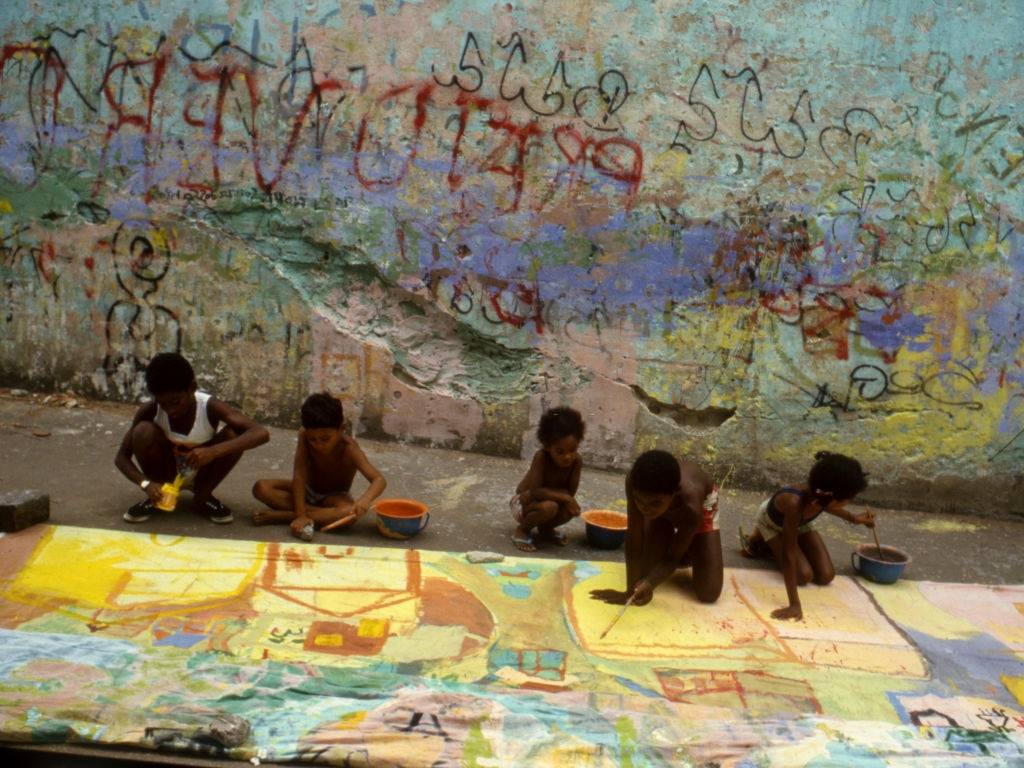 Children painting in a favela in Rio de Janeiro, November 1989