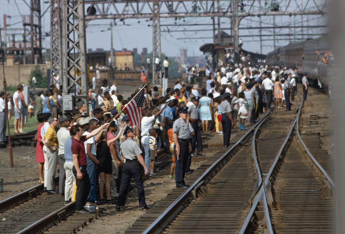 Mourners Watching Robert F. Kennedy’s Funeral Train Pass by From New York City to Washington DC on June 8 1968