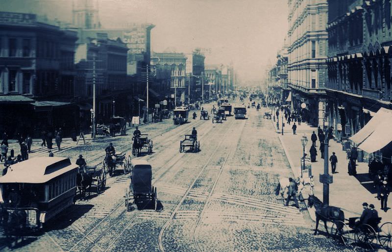 Market Street at Third, looking east, Palace Hotel on the right, 1890s.