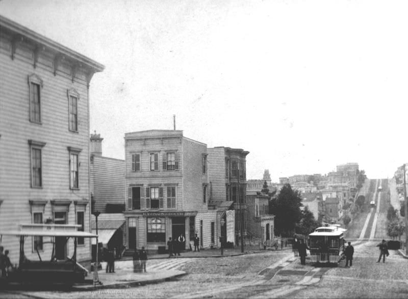 Cable cars and car barn of the California Street Railroad, looking west from the corner of Larkin Street, 1880s.
