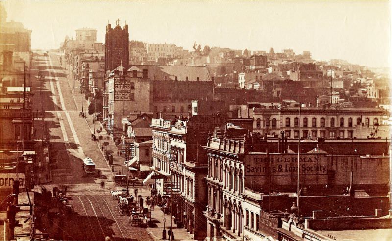 California Street from Montgomery Street, looking west, 1880s.