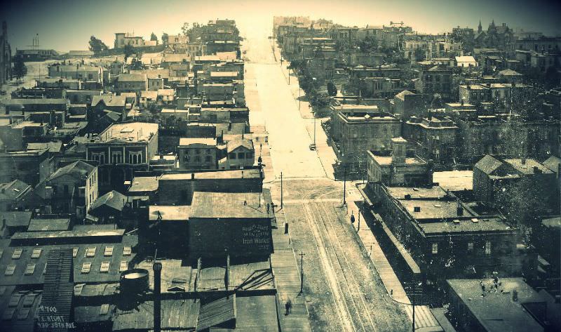 Looking up First Street towards Rincon Hill, 1890s.
