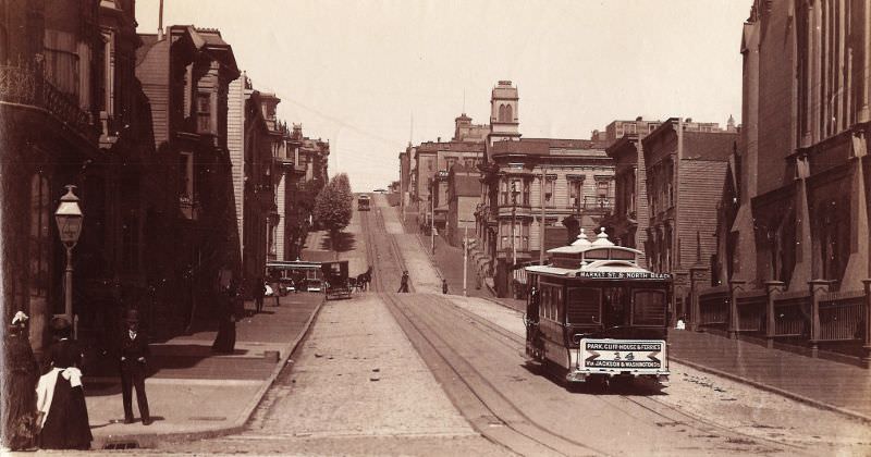 Looking up Powell Street, North from Union Square, 1890s.