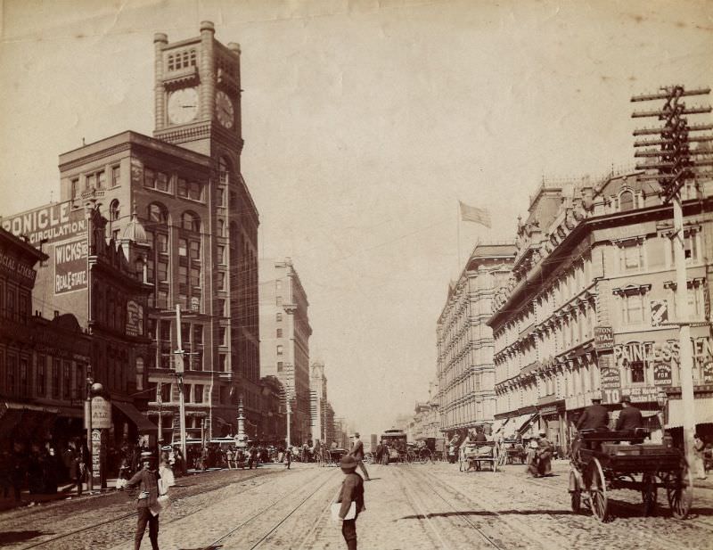 Market Street showing Chronicle Building, Crocker Building and the Palace Hotel, 1890s.