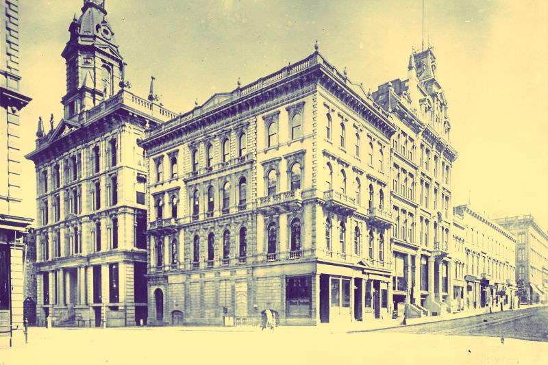 The San Francisco Stock Exchange and the Real Estate Associates' Building, corner of Montgomery and Pine, 1890s.