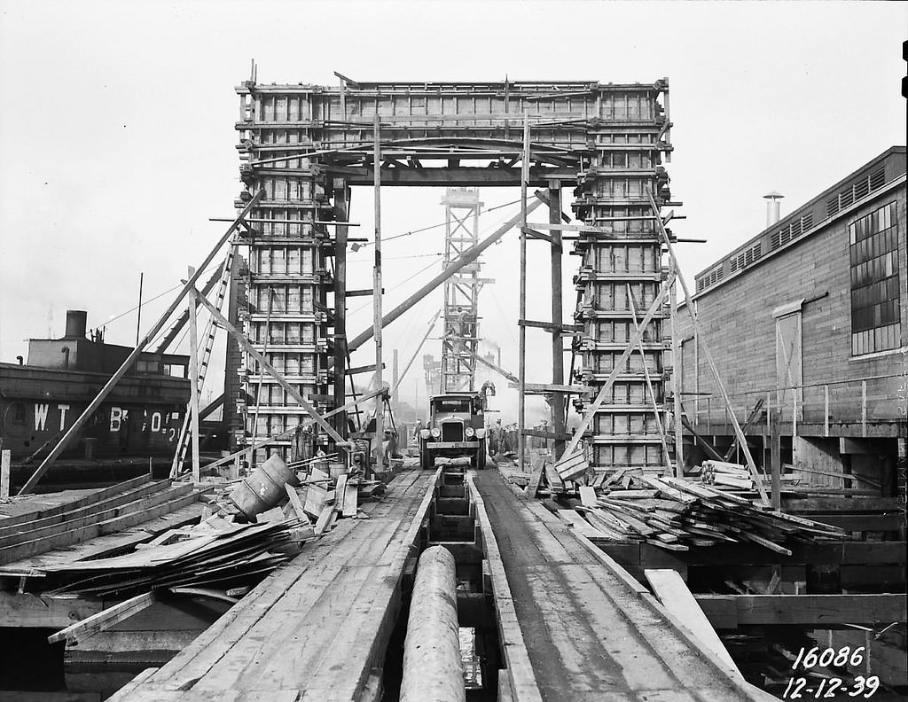 Ballard Bridge south approach under construction, 1939