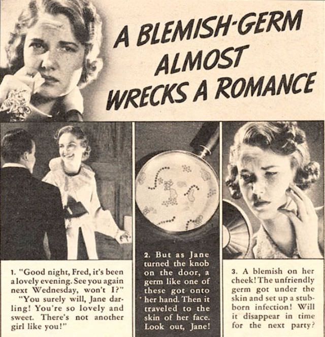 According to this 1930s ad, all it takes is one zit to destroy a blossoming romance.