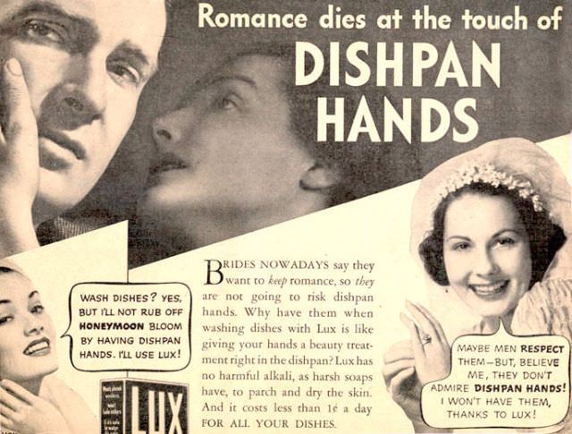 In 1930s ads, “dishpan hands” threatened marriages.