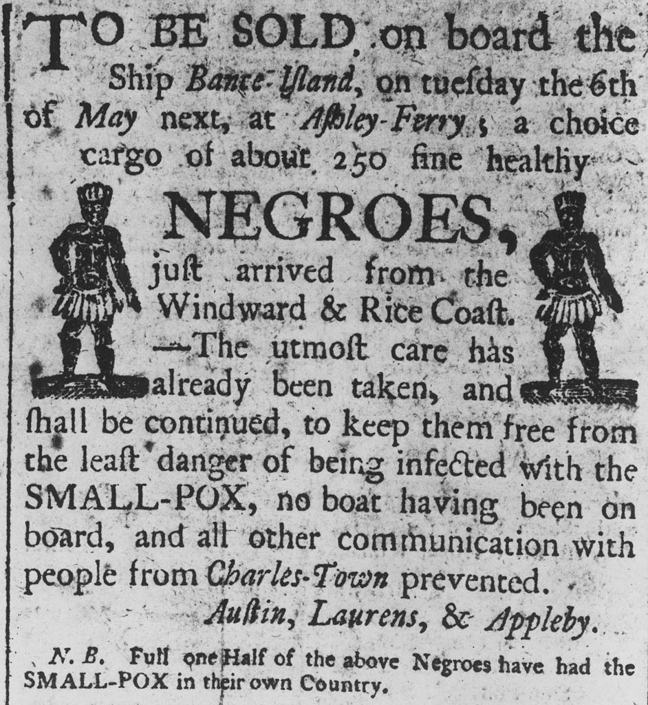 A Boston advertisement for a cargo of about 250 'fine healthy negroes', recently arrived from Africa on the slave ship 'Bante Island'.