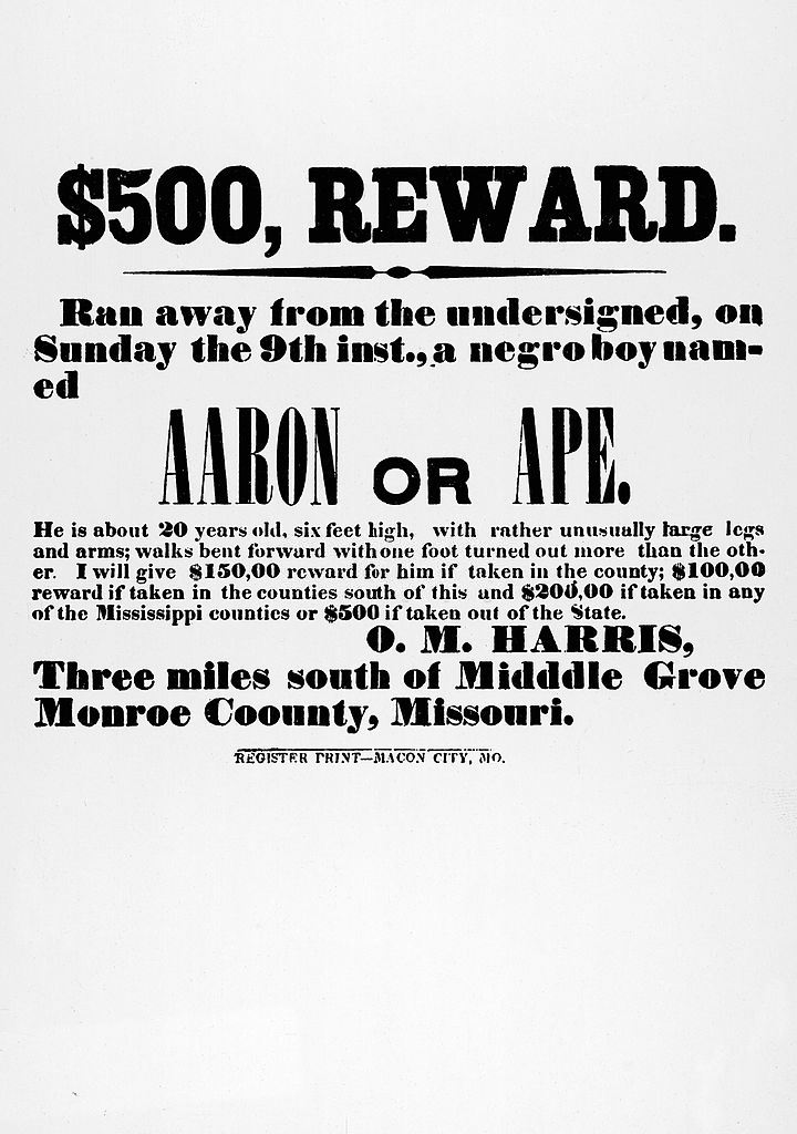 A poster offers a cash reward for the return of a runaway slave to his oppressor, Monroe County, Missouri, 1850s.