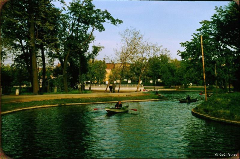 A man floating in the park of Moscow, 1950s