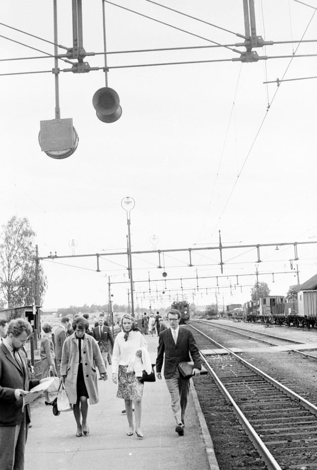 The train from Uppsala on the way in, Märsta station, Stockholm, 1966