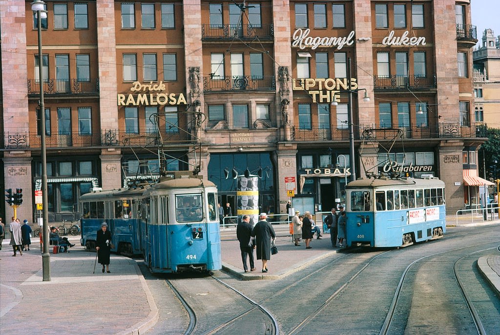 Trams at Tegelbacken in Stockholm, 1962