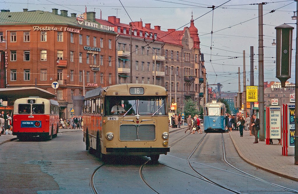 Buses and tram at Odenplan in Stockholm, 1962