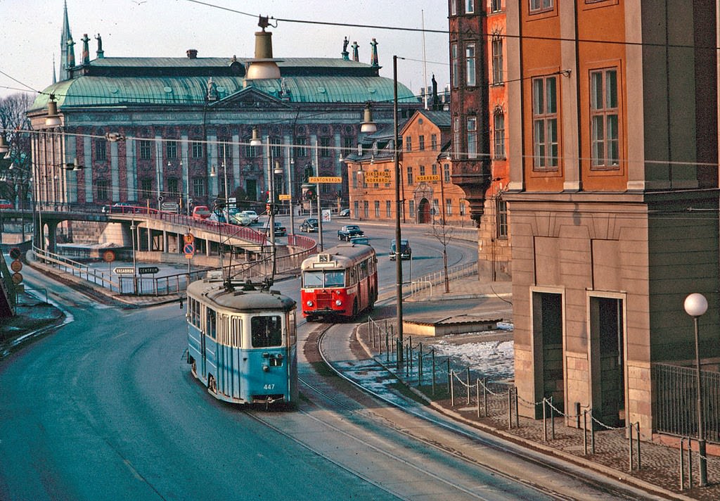 Bus and tram on Munkbron in Stockholm, 1964
