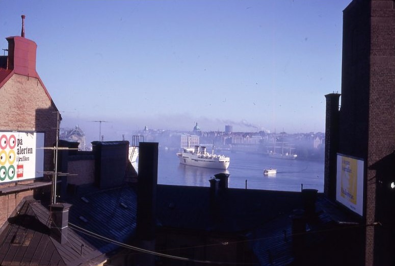 Cruise ships in fog, Stockholm, 1960s