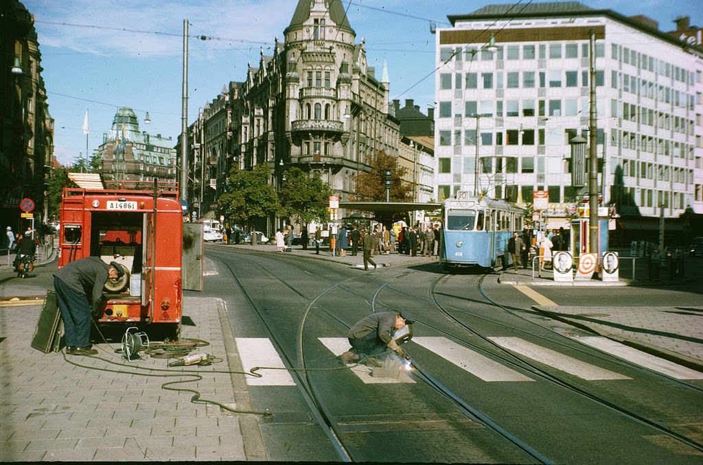 Track maintenance at Stureplan in Stockholm, 1966