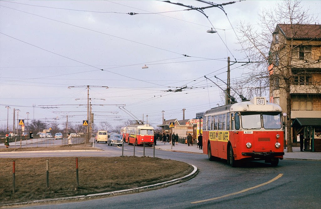 Trolley buses at Gullmarsplan in Stockholm, 1964