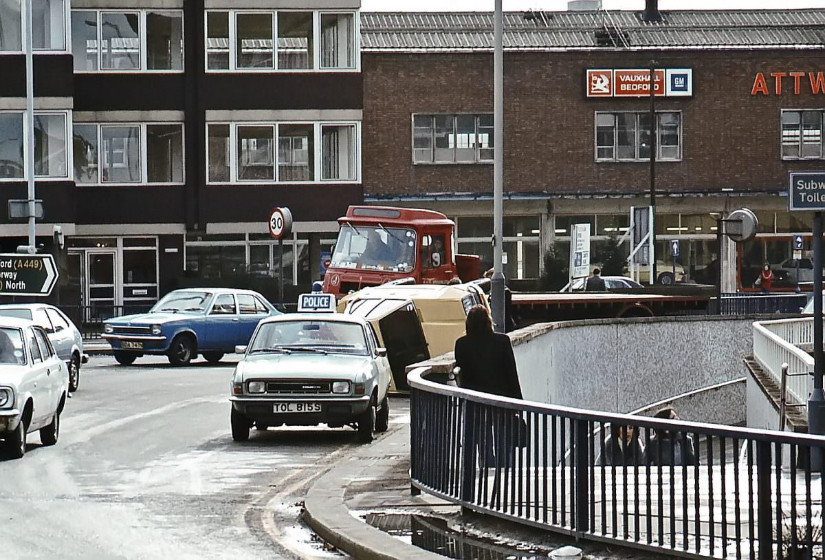 Wolverhampton, March 1979 Overturned car at the Ring Road: Chapel Ash roundabout