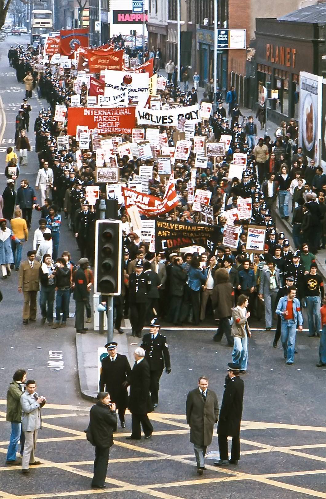 Anti-racist demonstrators assemble in Cleveland Road, Wolverhampton, prior to marching through the town centre. 11th March 1978