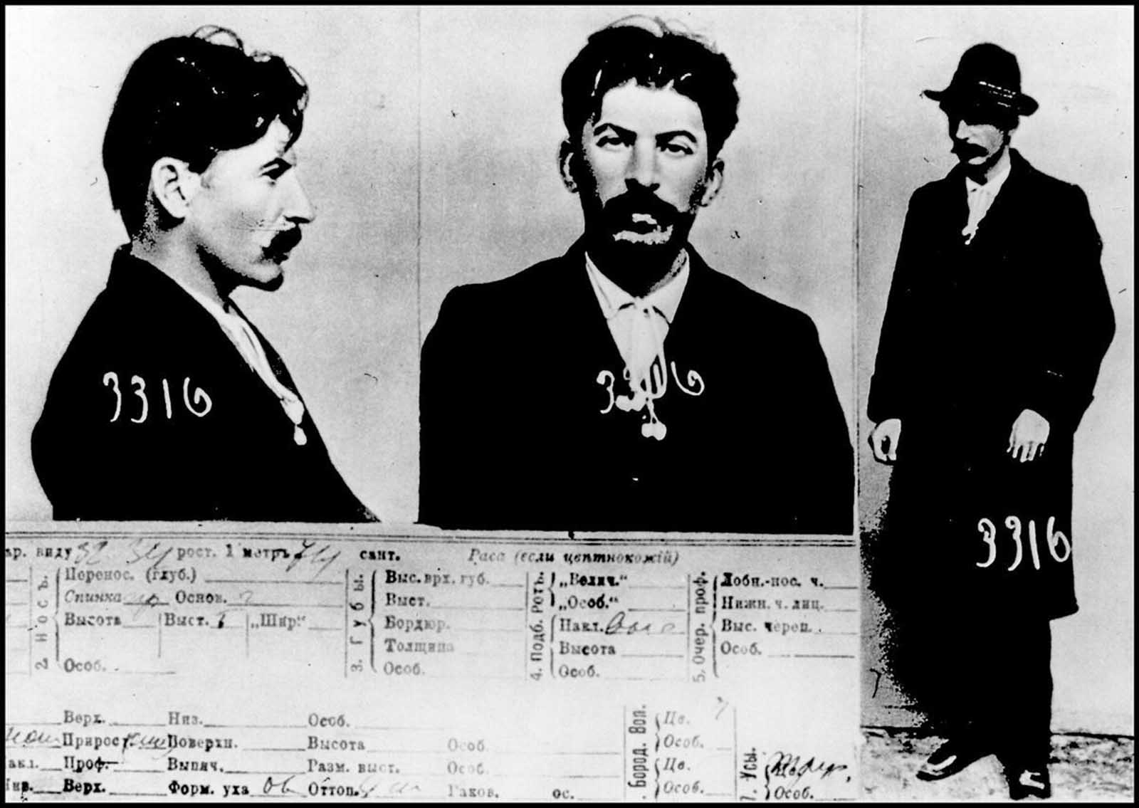 The mugshot and the police card on “I. V. Stalin.” Archives of the police in Saint Petersburg, 1911