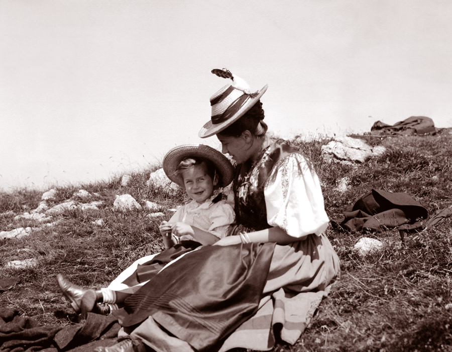 Mother and daughter on mountaintop, Austria, 1900s.