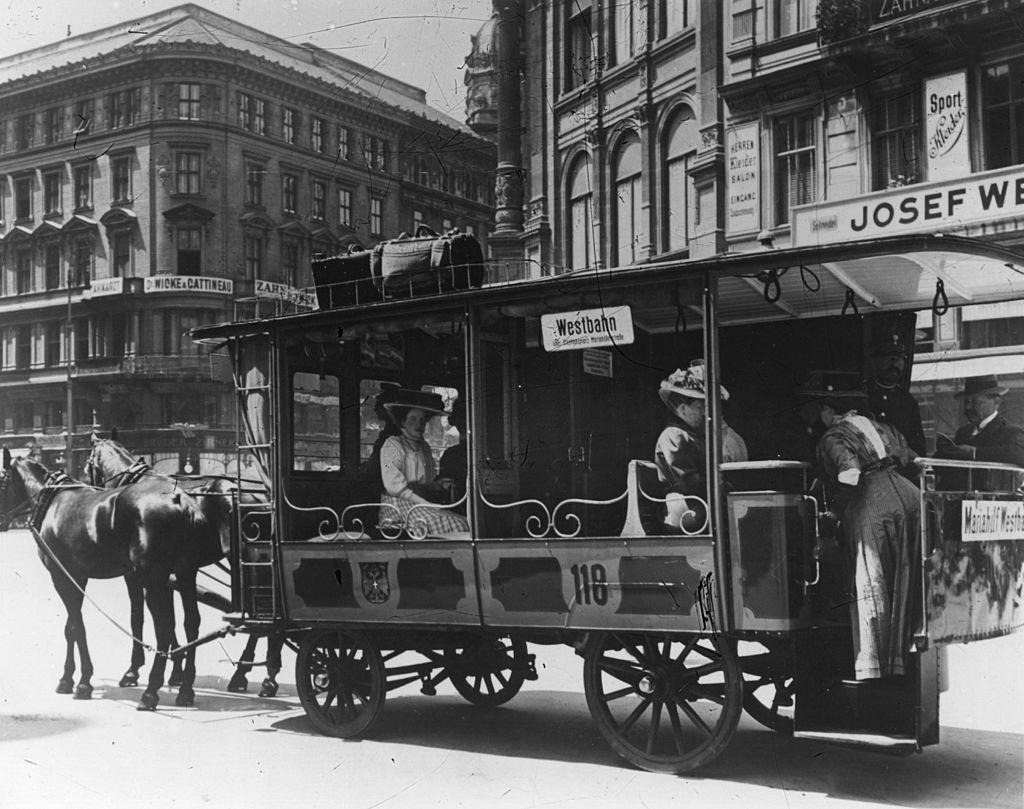 A horse-drawn tram in Stephansplatz, Vienna, 1904.