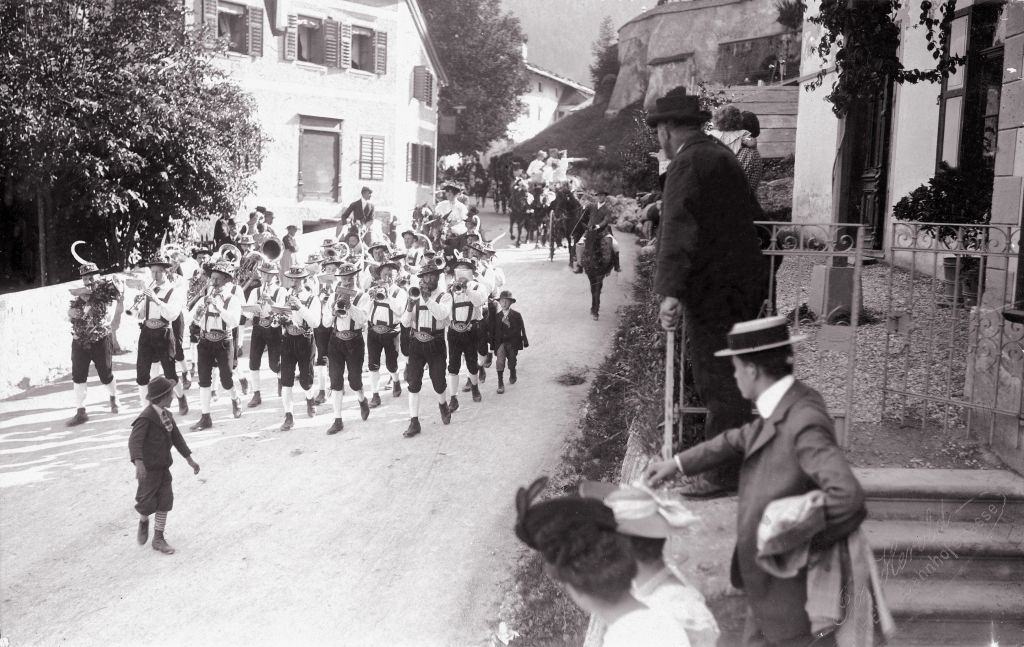 Marching-band form Kitzbuehel, wearing traditional Tyrolian costumes in Austria, 1905.