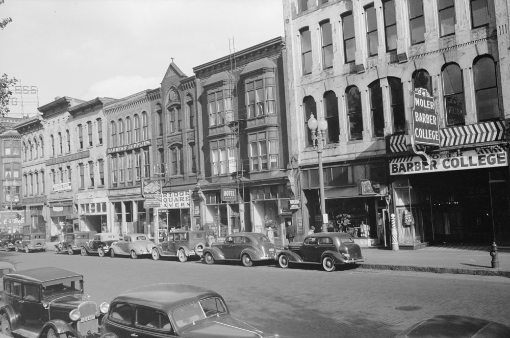 Barber College in Gateway District, Minneapolis, 1930s.